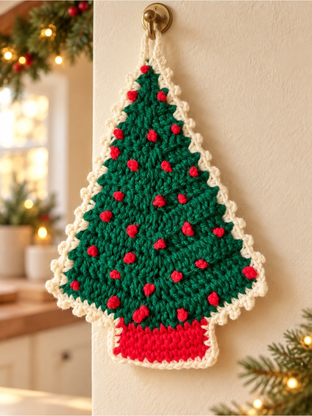 Holiday Crochet Tree Hanging Decoration - Green and Red